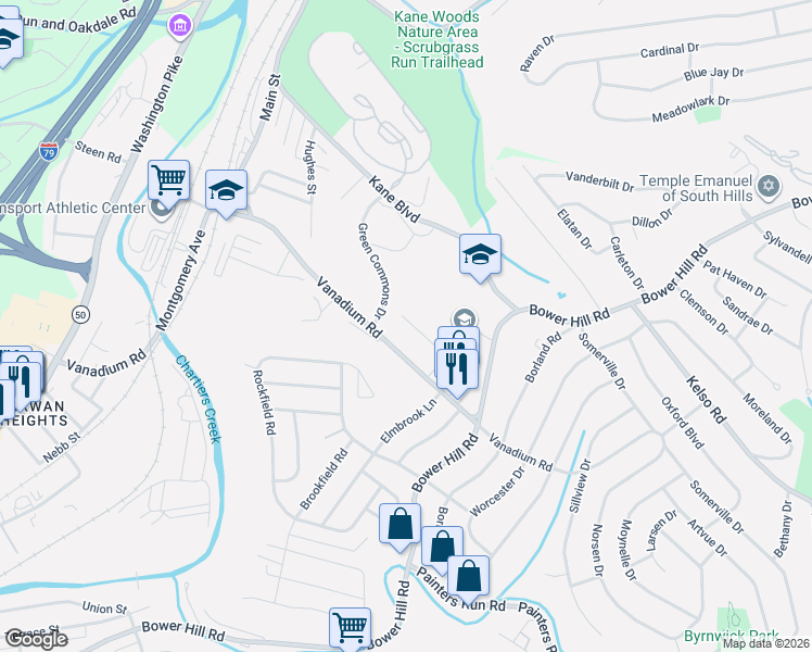 map of restaurants, bars, coffee shops, grocery stores, and more near 322 Elmbrook Lane in Pittsburgh