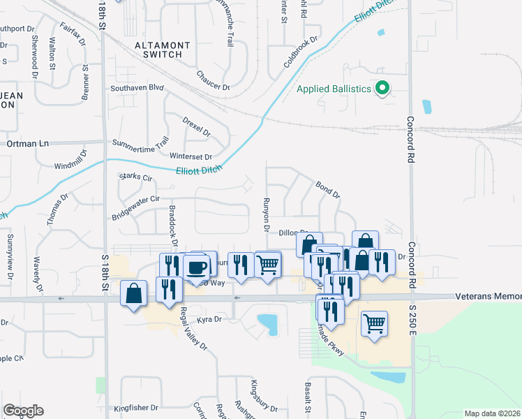 map of restaurants, bars, coffee shops, grocery stores, and more near 3302 Runyon Drive in Lafayette