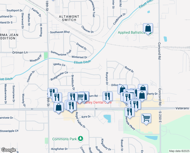 map of restaurants, bars, coffee shops, grocery stores, and more near 2125 Fincastle Way in Lafayette