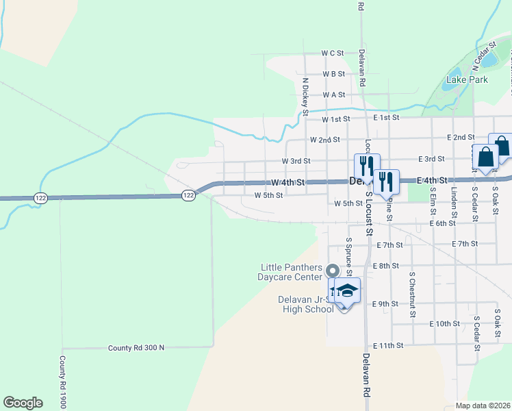 map of restaurants, bars, coffee shops, grocery stores, and more near 101-115 Weber Lane in Delavan