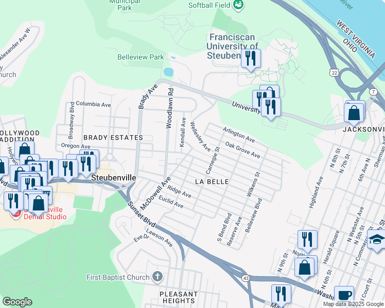 map of restaurants, bars, coffee shops, grocery stores, and more near in Steubenville