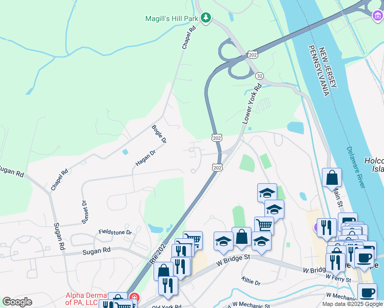 map of restaurants, bars, coffee shops, grocery stores, and more near 16 Meadowbrook Court in New Hope