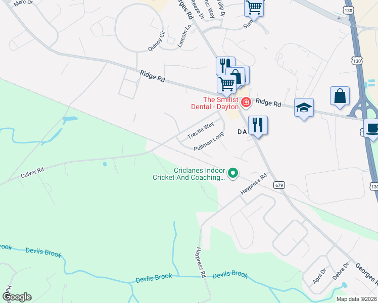 map of restaurants, bars, coffee shops, grocery stores, and more near 29 Pullman Loop in South Brunswick Township