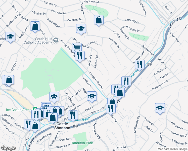 map of restaurants, bars, coffee shops, grocery stores, and more near 921 Sleepy Hollow Road in Pittsburgh