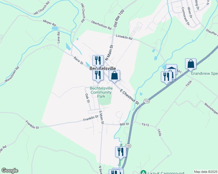 map of restaurants, bars, coffee shops, grocery stores, and more near 18R Church Street in Bechtelsville