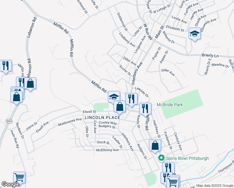 map of restaurants, bars, coffee shops, grocery stores, and more near 1201 Mifflin Road in Pittsburgh