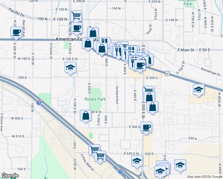map of restaurants, bars, coffee shops, grocery stores, and more near 319 East Harvard Circle in American Fork