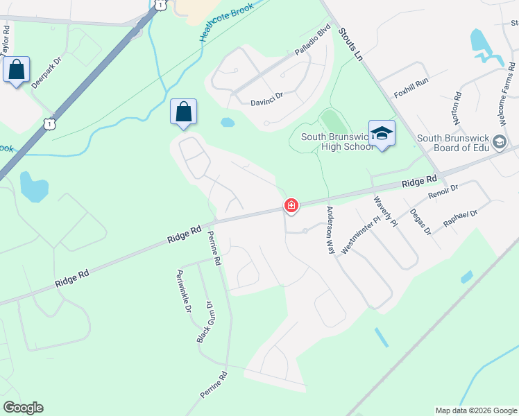 map of restaurants, bars, coffee shops, grocery stores, and more near 789 Ridge Road in South Brunswick Township