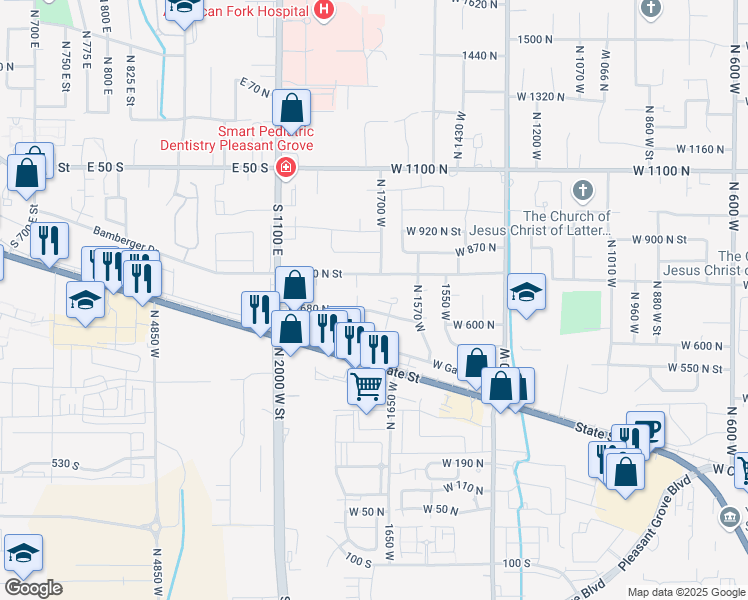 map of restaurants, bars, coffee shops, grocery stores, and more near 1772 West 680 North in Pleasant Grove