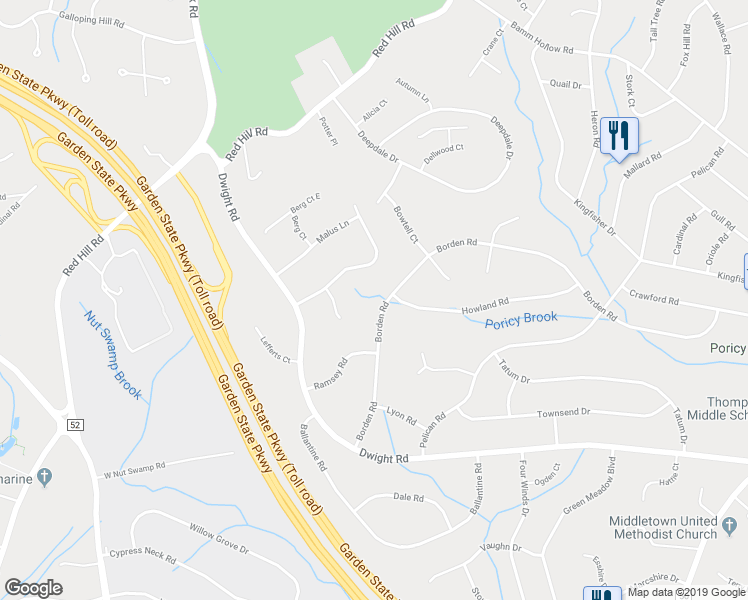 map of restaurants, bars, coffee shops, grocery stores, and more near 191 Borden Road in Middletown