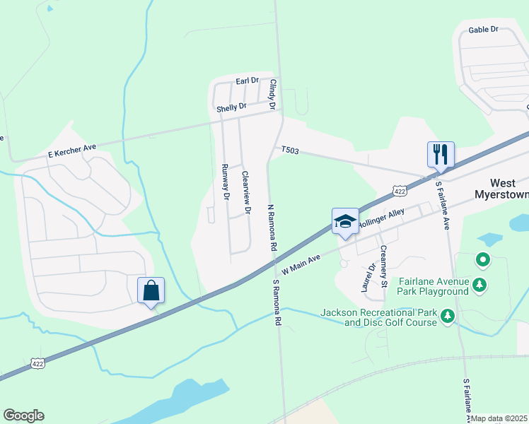 map of restaurants, bars, coffee shops, grocery stores, and more near 29 North Ramona Road in Myerstown