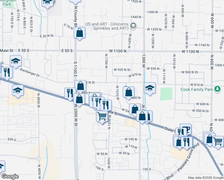 map of restaurants, bars, coffee shops, grocery stores, and more near 729 North 1570 West in Pleasant Grove