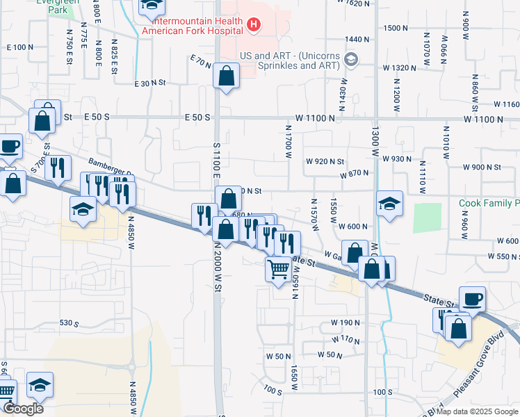 map of restaurants, bars, coffee shops, grocery stores, and more near 1863 West 680 North in Pleasant Grove