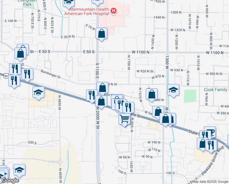 map of restaurants, bars, coffee shops, grocery stores, and more near 1872 680 North in Pleasant Grove