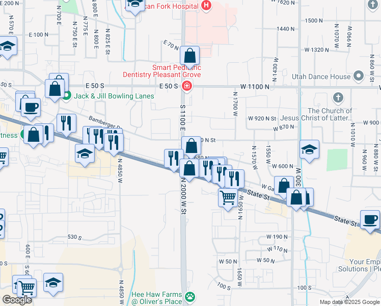 map of restaurants, bars, coffee shops, grocery stores, and more near 1950 East State Street in Pleasant Grove