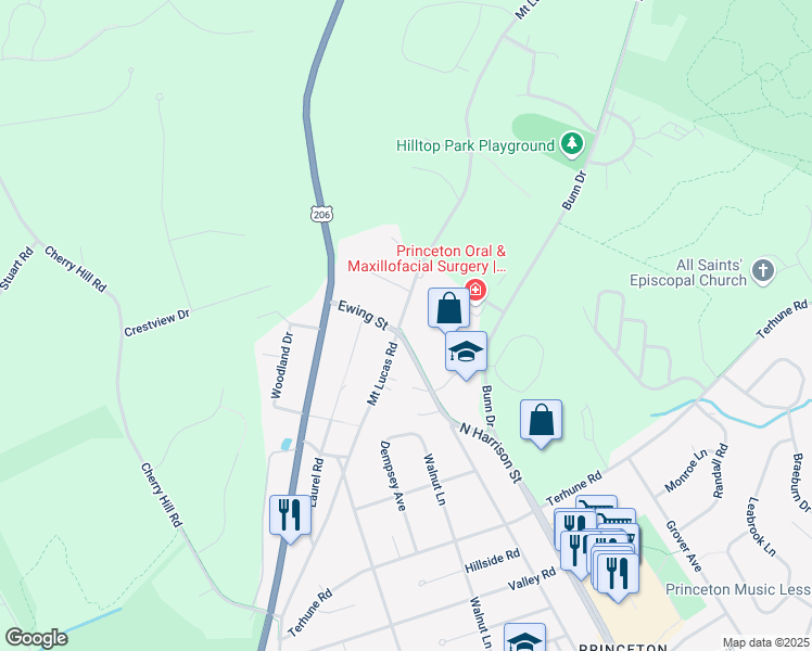 map of restaurants, bars, coffee shops, grocery stores, and more near in Princeton