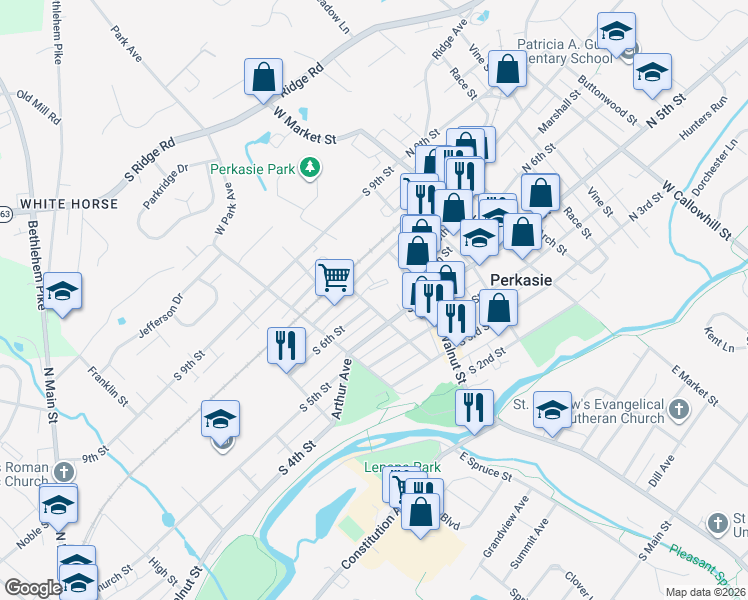 map of restaurants, bars, coffee shops, grocery stores, and more near 310 South 5th Street in Perkasie