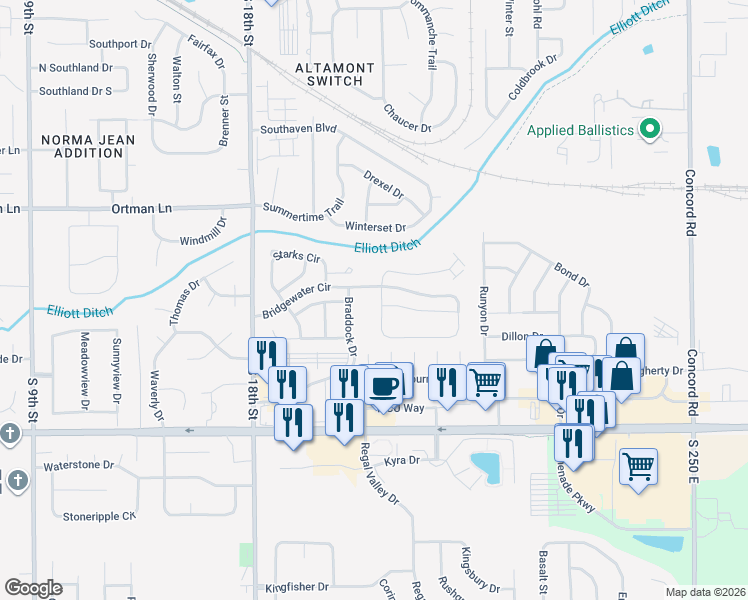 map of restaurants, bars, coffee shops, grocery stores, and more near 2010 Bridgewater Circle in Lafayette