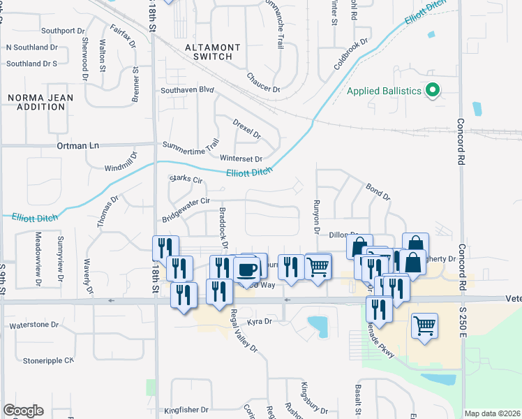 map of restaurants, bars, coffee shops, grocery stores, and more near 2105 Fincastle Way in Lafayette