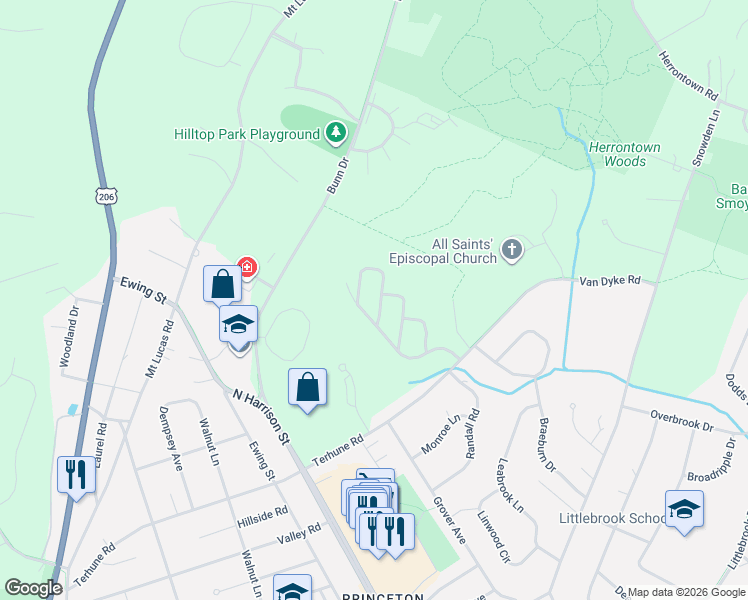 map of restaurants, bars, coffee shops, grocery stores, and more near 53 Governors Lane in Princeton
