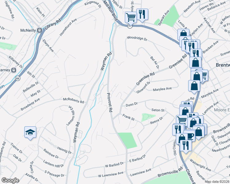 map of restaurants, bars, coffee shops, grocery stores, and more near 742 Greenlee Road in Pittsburgh
