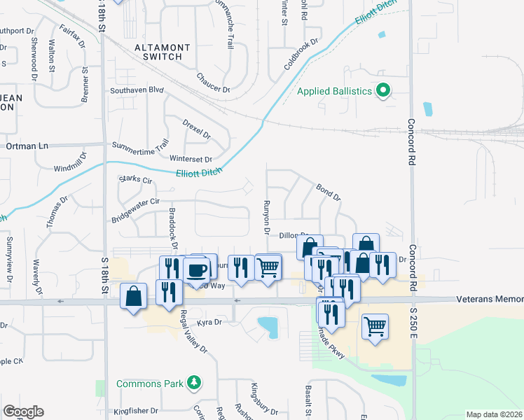 map of restaurants, bars, coffee shops, grocery stores, and more near 3302 Runyon Drive in Lafayette