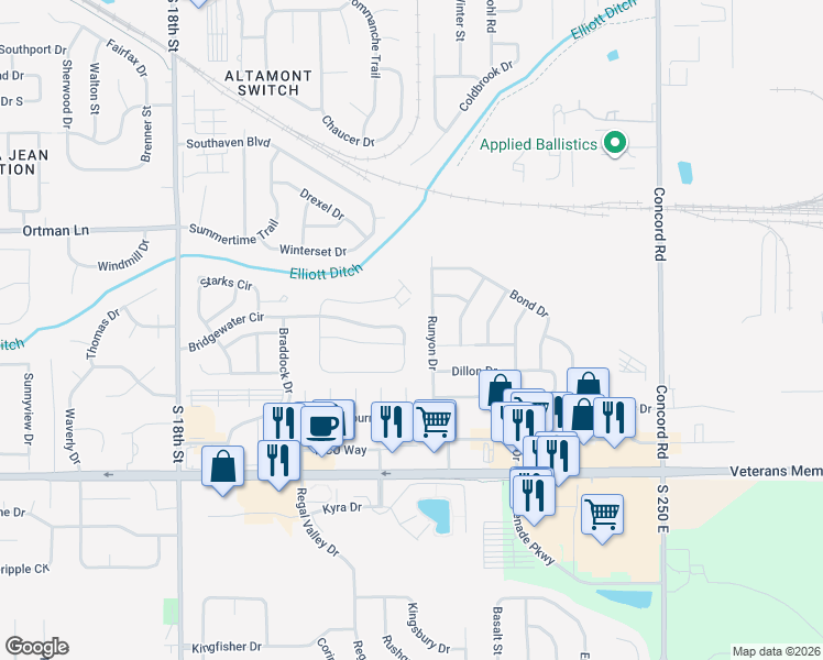 map of restaurants, bars, coffee shops, grocery stores, and more near 2225 Bridgewater Circle in Lafayette