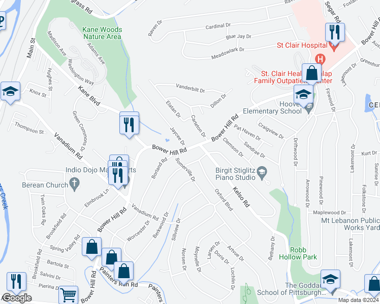 map of restaurants, bars, coffee shops, grocery stores, and more near 1519 Bower Hill Road in Pittsburgh
