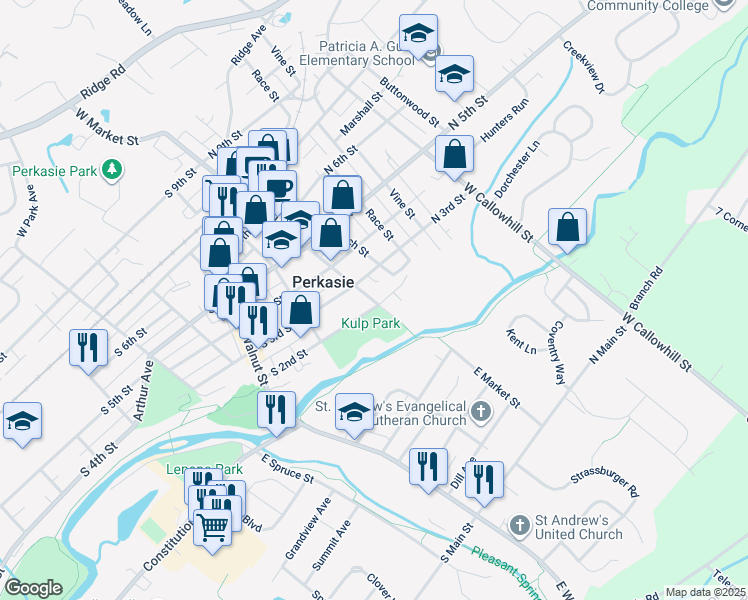 map of restaurants, bars, coffee shops, grocery stores, and more near 209 West Market Street in Perkasie