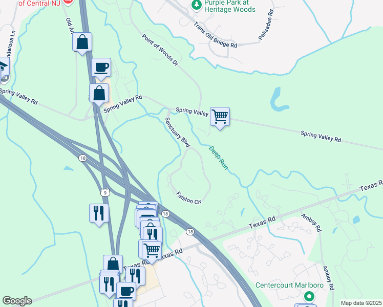 map of restaurants, bars, coffee shops, grocery stores, and more near 10318 Falston Circle in Old Bridge Township