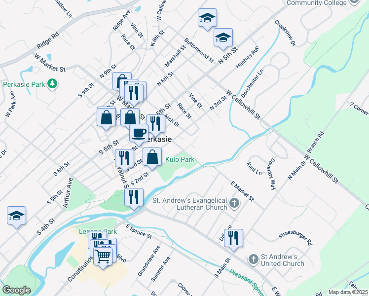 map of restaurants, bars, coffee shops, grocery stores, and more near 10 North 2nd Street in Perkasie