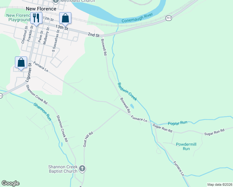 map of restaurants, bars, coffee shops, grocery stores, and more near 129 Boswell Road in New Florence