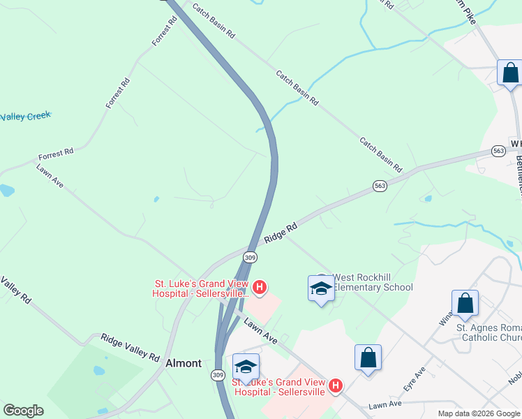 map of restaurants, bars, coffee shops, grocery stores, and more near in Sellersville