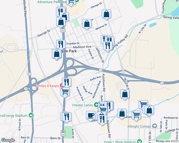 map of restaurants, bars, coffee shops, grocery stores, and more near 210 Columbia Avenue in Reading