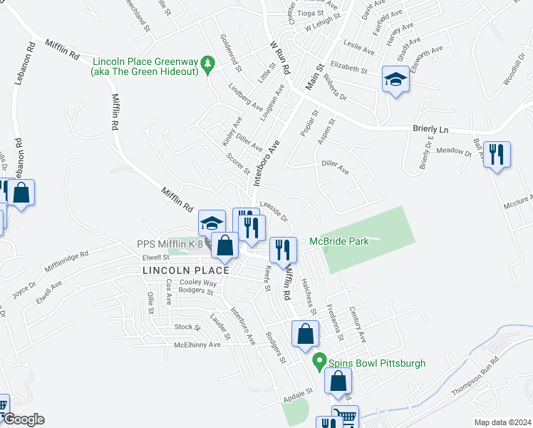 map of restaurants, bars, coffee shops, grocery stores, and more near 5112 Delford Street in Pittsburgh