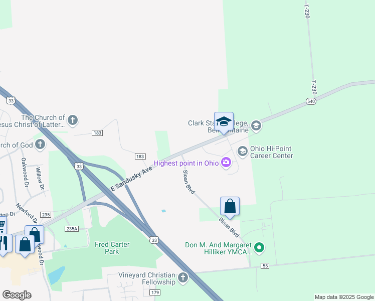 map of restaurants, bars, coffee shops, grocery stores, and more near 2280 Ohio 540 in Bellefontaine
