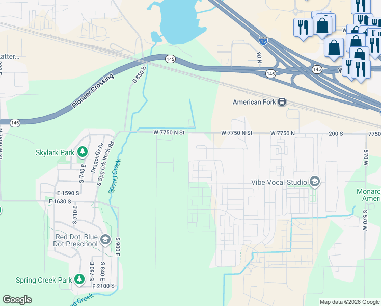 map of restaurants, bars, coffee shops, grocery stores, and more near 7099 West 7750 North in American Fork