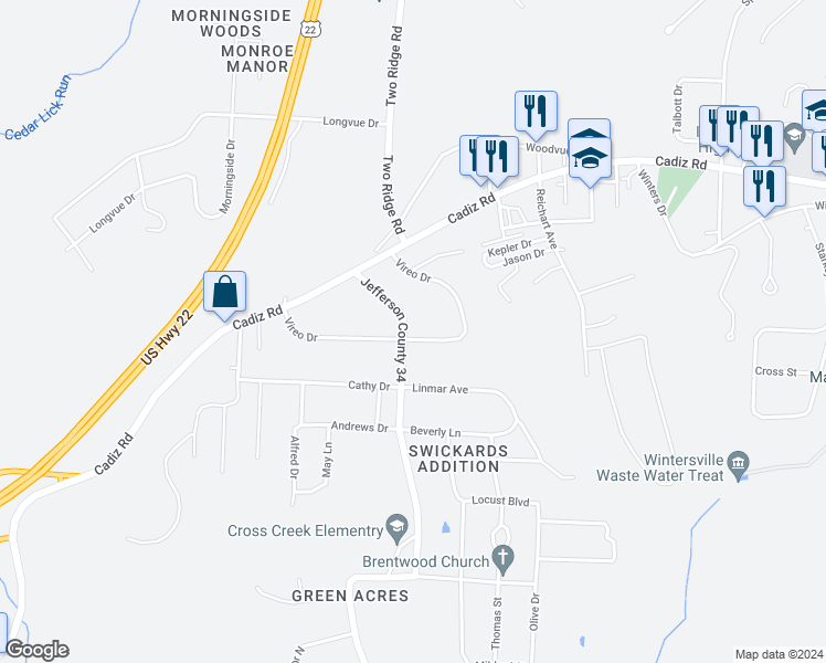 map of restaurants, bars, coffee shops, grocery stores, and more near 193 Vireo Drive in Steubenville