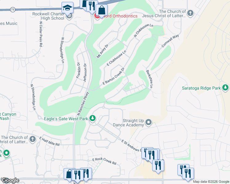 map of restaurants, bars, coffee shops, grocery stores, and more near 3816 East Cunninghill Drive in Eagle Mountain