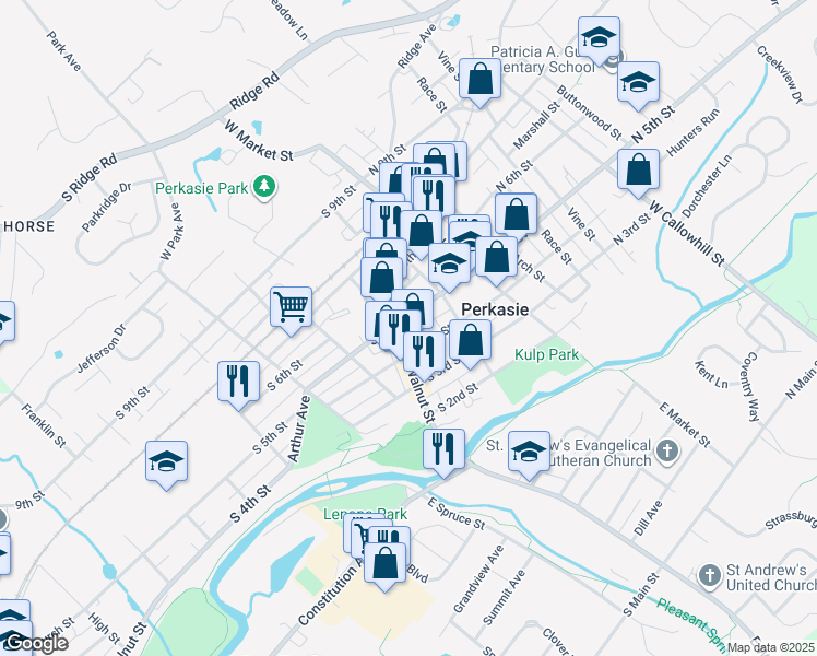 map of restaurants, bars, coffee shops, grocery stores, and more near 127 South 4th Street in Perkasie