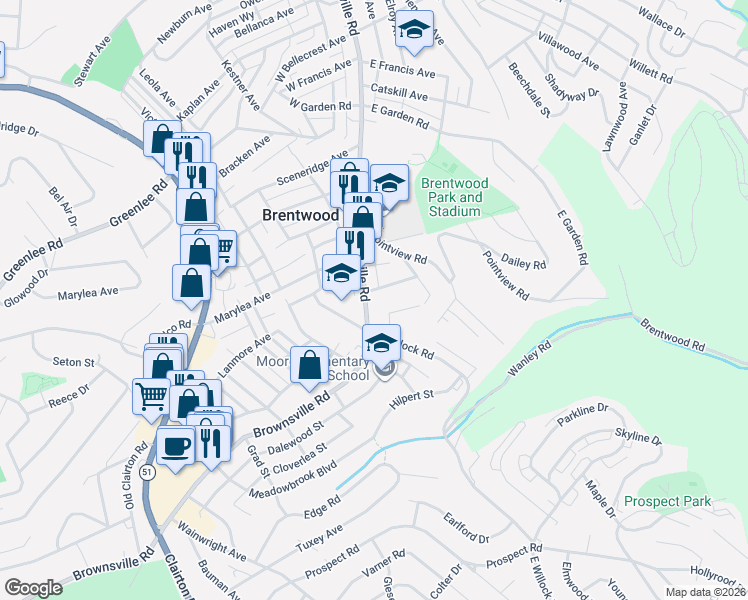 map of restaurants, bars, coffee shops, grocery stores, and more near 3763 Brownsville Road in Brentwood