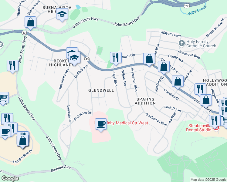 map of restaurants, bars, coffee shops, grocery stores, and more near 209 Opal Boulevard in Steubenville
