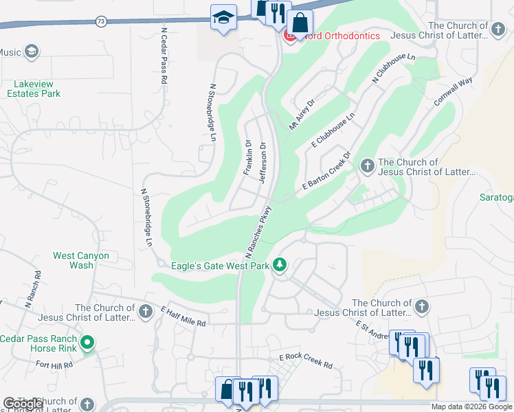 map of restaurants, bars, coffee shops, grocery stores, and more near 8628 Jefferson Drive in Eagle Mountain