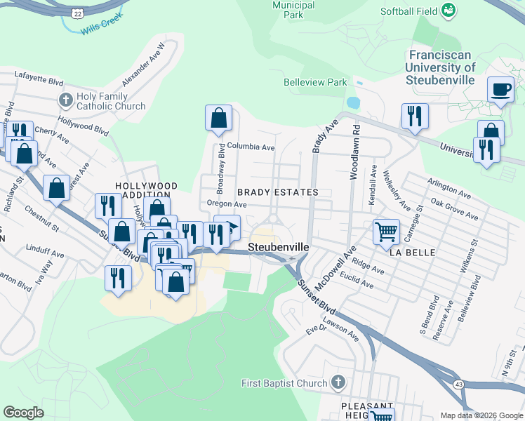 map of restaurants, bars, coffee shops, grocery stores, and more near 141 Brady Circle West in Steubenville