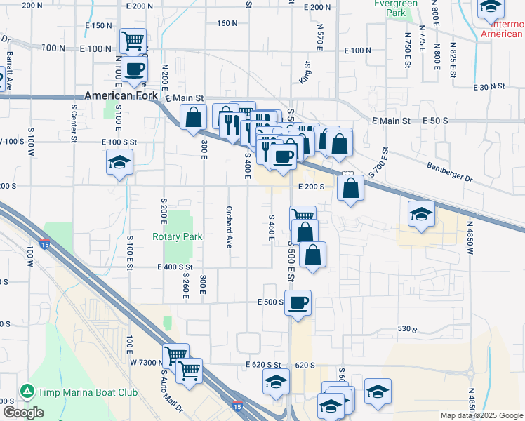 map of restaurants, bars, coffee shops, grocery stores, and more near 426 East 250 South in American Fork