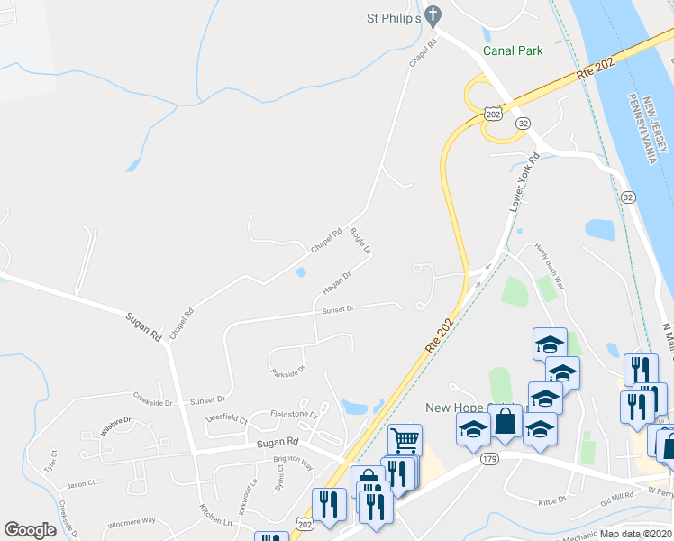 map of restaurants, bars, coffee shops, grocery stores, and more near 64 Hagan Drive in New Hope