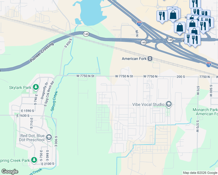 map of restaurants, bars, coffee shops, grocery stores, and more near 7099 West 7750 North in American Fork