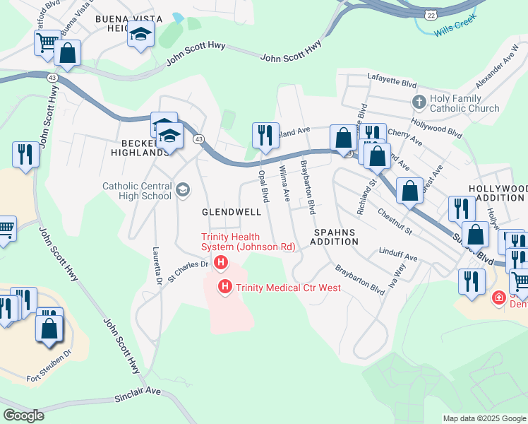map of restaurants, bars, coffee shops, grocery stores, and more near 209 Opal Boulevard in Steubenville