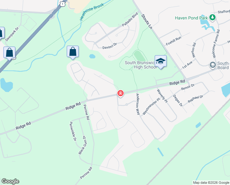 map of restaurants, bars, coffee shops, grocery stores, and more near 789 Ridge Road in South Brunswick Township