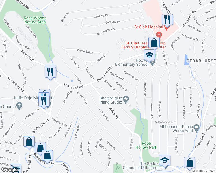 map of restaurants, bars, coffee shops, grocery stores, and more near 514 Clemson Drive in Pittsburgh